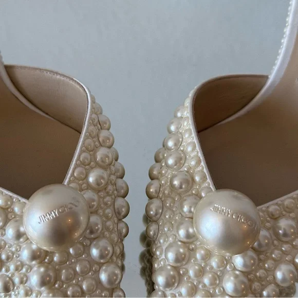 New JIMMY CHOO Sabine 85 faux pearl-embellished satin pumps 38 $1,895 - Picture 10 of 17